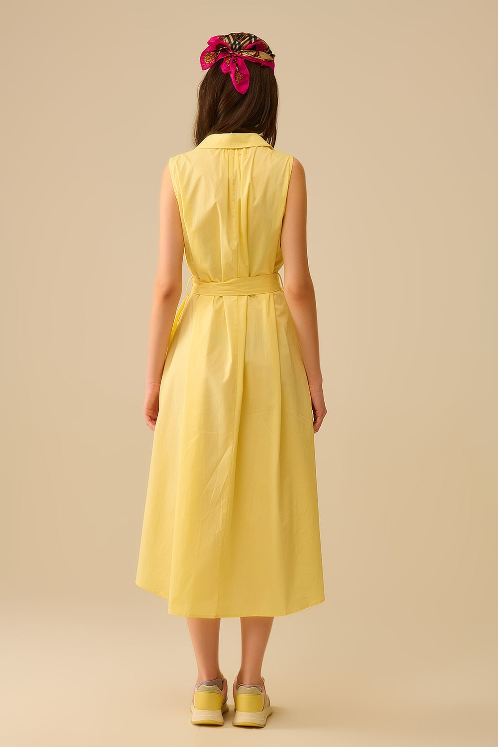 Yellow poplin midi dress with silver heart-shaped buttons