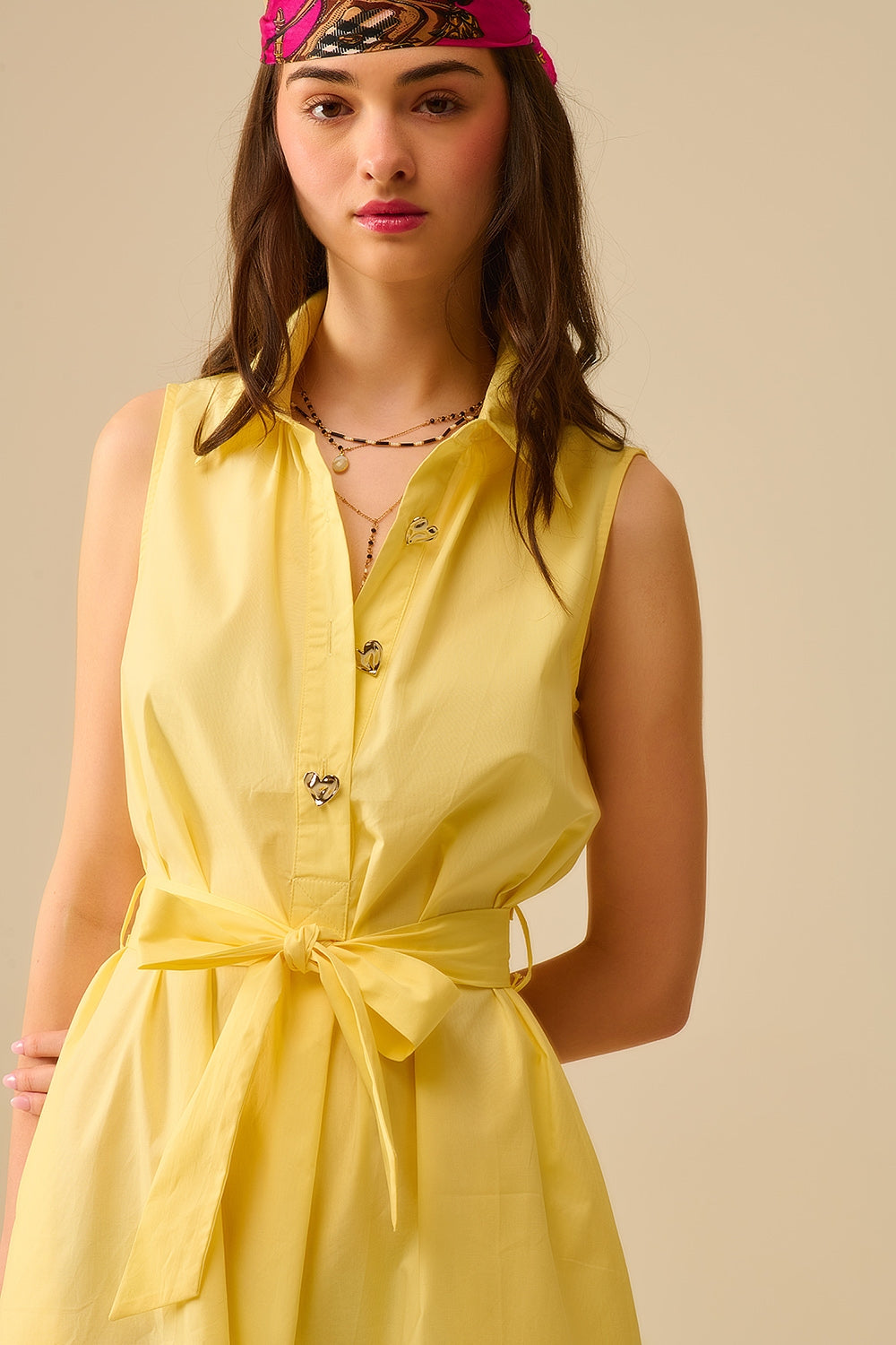 Yellow poplin midi dress with silver heart-shaped buttons