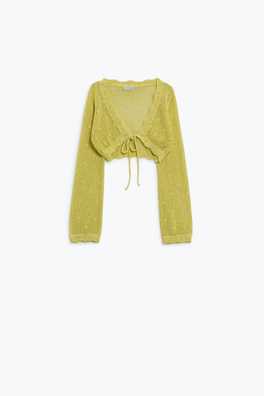Q2 Yellow short crochet cardigan with lurex detail
