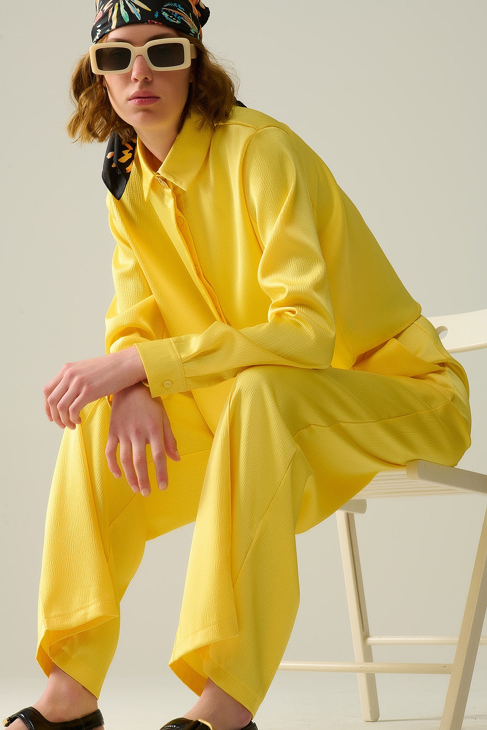 Q2 yellow short textured satin shirt