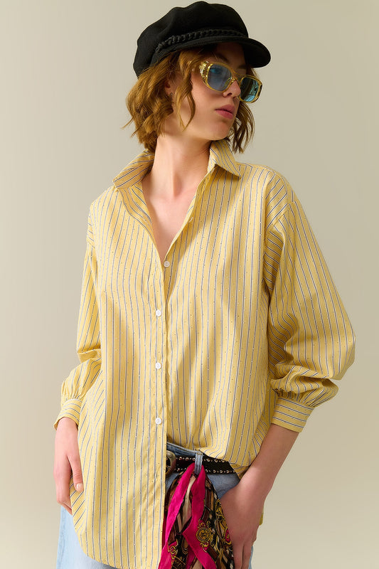 Q2 yellow striped poplin shirt embellished with strass