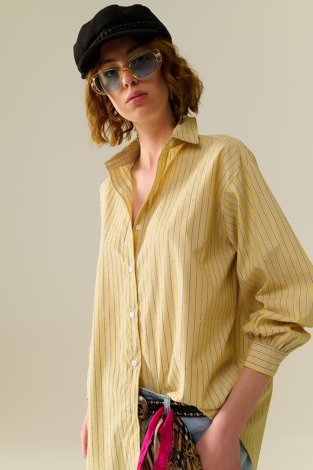 yellow striped poplin shirt embellished with strass