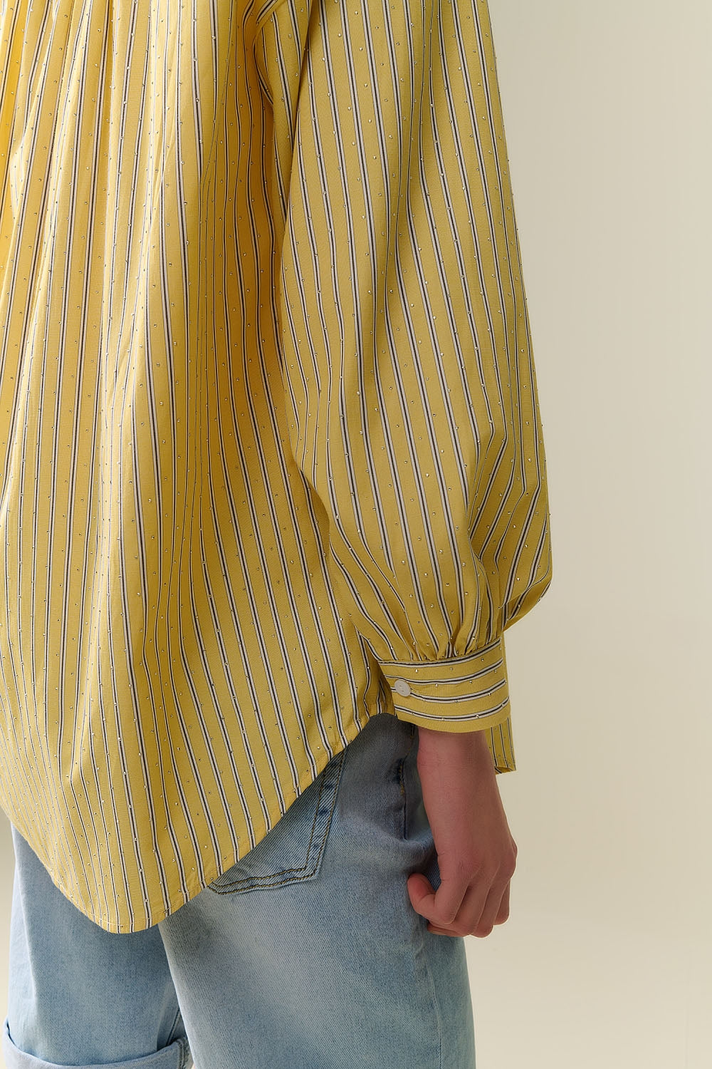 yellow striped poplin shirt embellished with strass