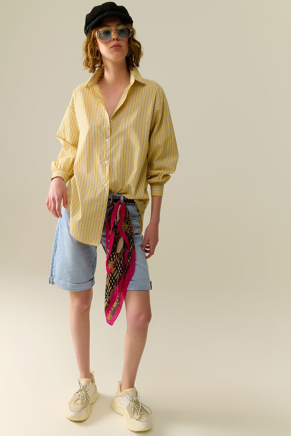 yellow striped poplin shirt embellished with strass