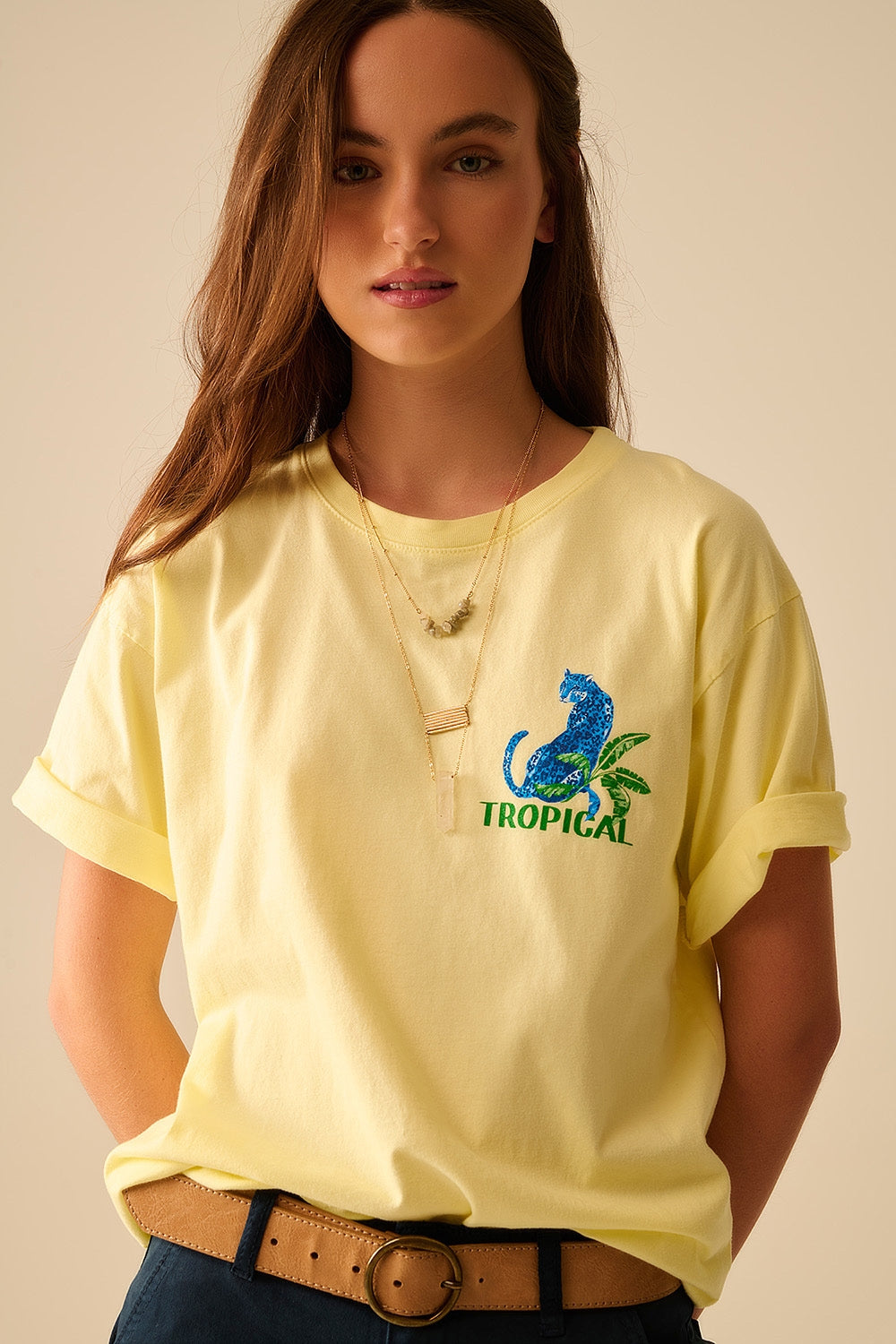 Yellow t-shirt made in Italy with tropical graphic print