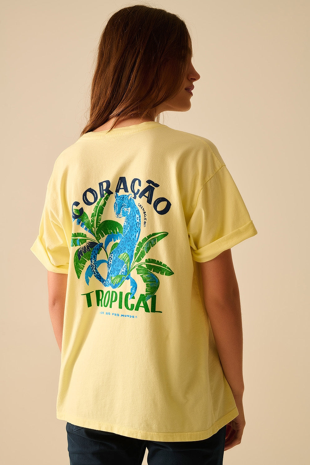 Yellow t-shirt made in Italy with tropical graphic print