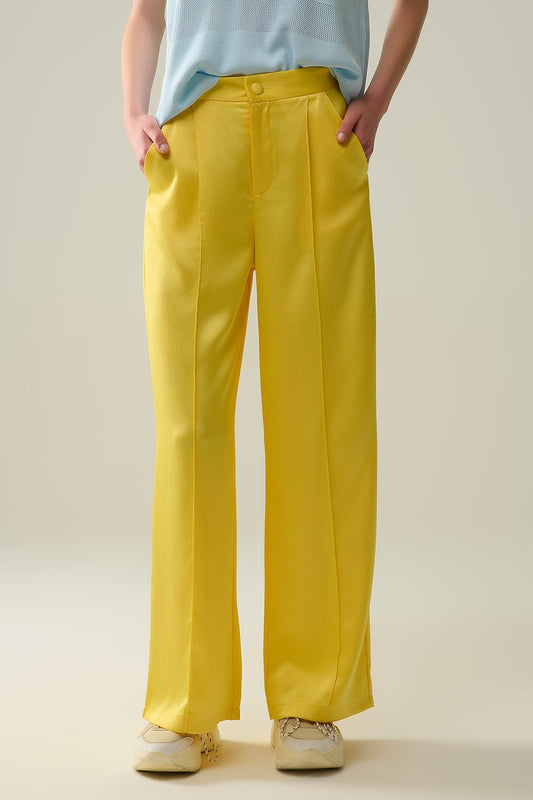 Q2 yellow wide leg pants in textured satin