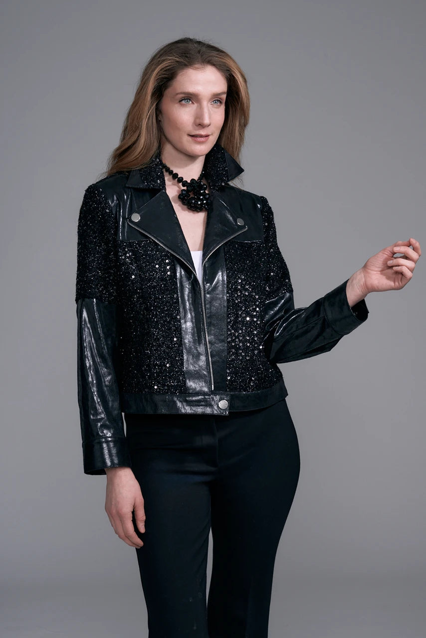 BCJ101C06BC Faux Vegan Leather/Sequin Combo Moto Jacket
