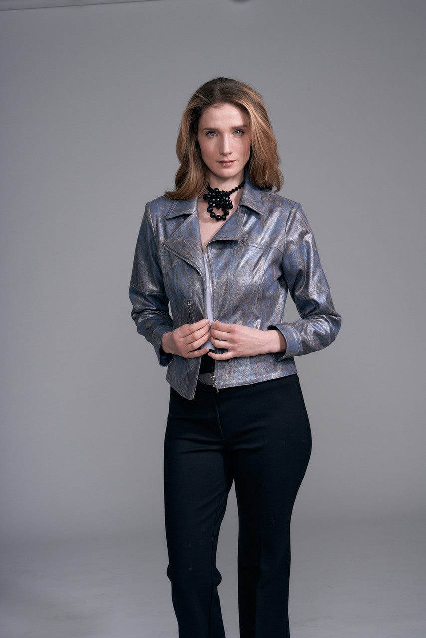 BCJ1809APR Printed Vegan Leather Zip Up Jacket