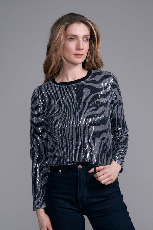 BCT1822LS Zebra Sequin T-Shirt Top