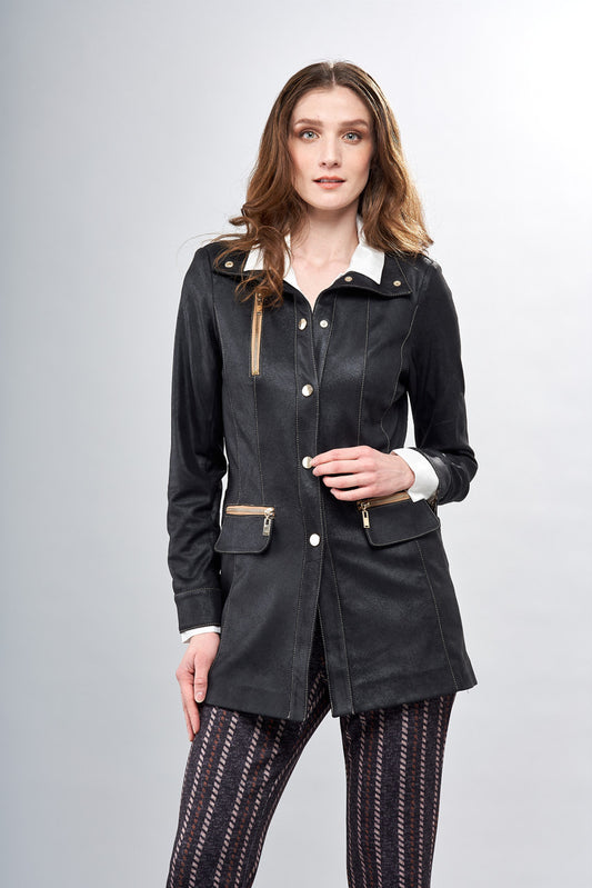 BCJ1826F Long Solid Vegan Jacket with Zip Pockets and Snap Closure