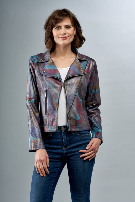 BCJ8731MPRC Metallic Faux Vegan Leather Moto Jacket in Liquid Grey Pucci