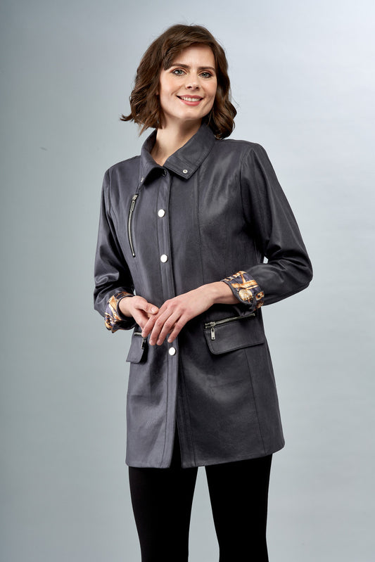 BCJ1826F Long Solid Vegan Jacket with Zip Pockets and Snap Closure