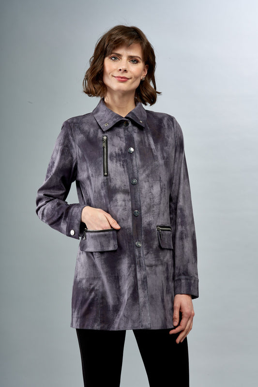 BCJ1826FPR Long Solid Vegan Jacket with Zip Pockets and Snap Closure in Grey Paint