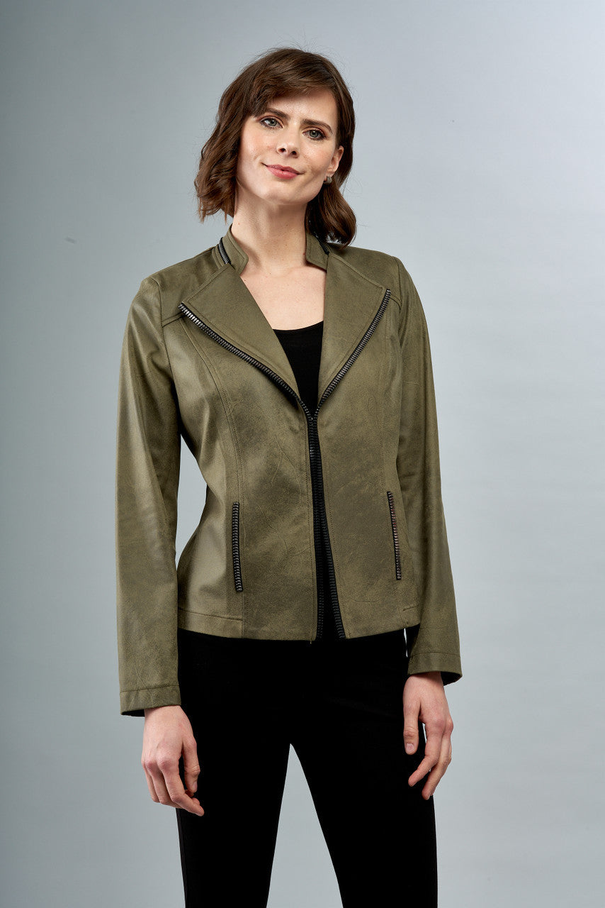 BCJ1827B Solid Vegan Leather Jacket with Zipper Trim