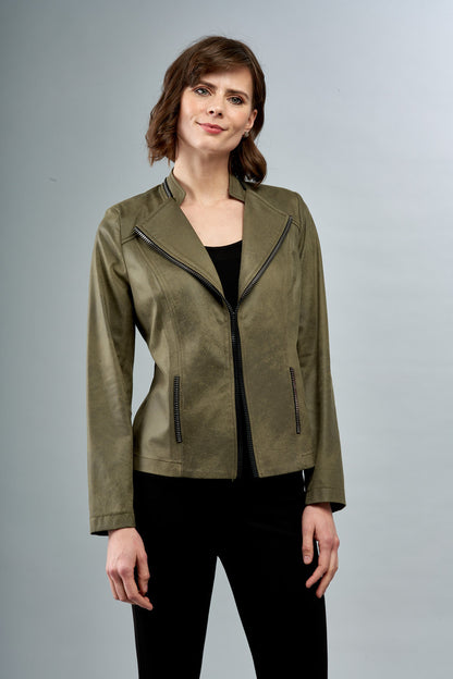 BCJ1827B Solid Vegan Leather Jacket with Zipper Trim