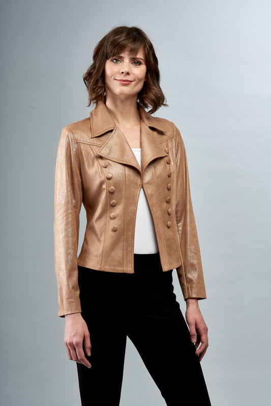 BCJ5726CLS Vegan Metallic Faux Leather Jacket with Button Trim