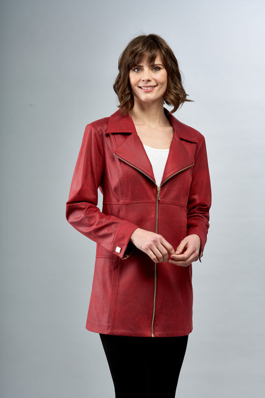 BCJ5715EA Faux Long Vegan Leather Jacket in Cranberry