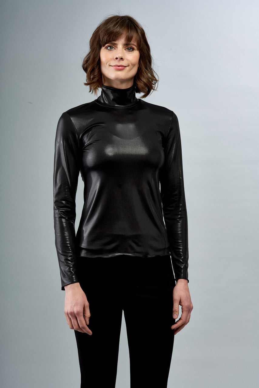 BCT7631A Foiled Mock Neck Long Sleeve Top