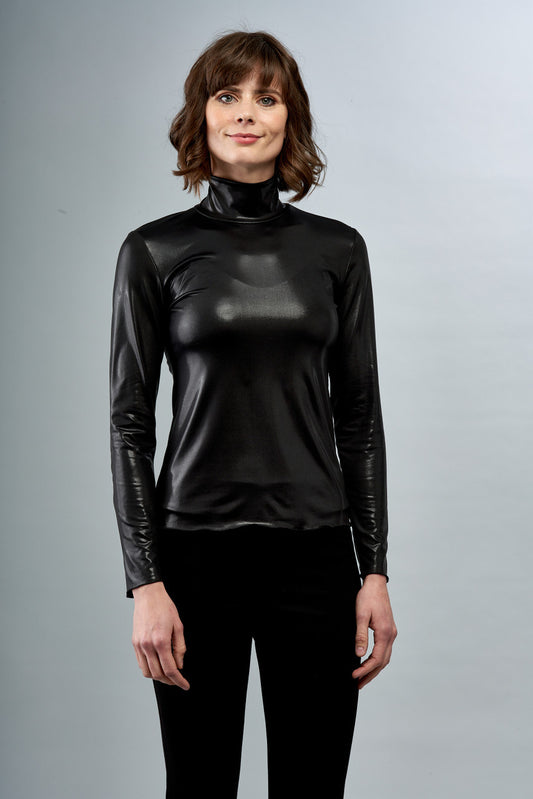 BCT7631A Foiled Mock Neck Long Sleeve Top