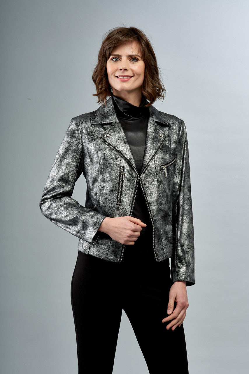 BCJ8909MPRA Metallic Faux Vegan Leather Moto Jacket in Liquid Dark Silver Clouds