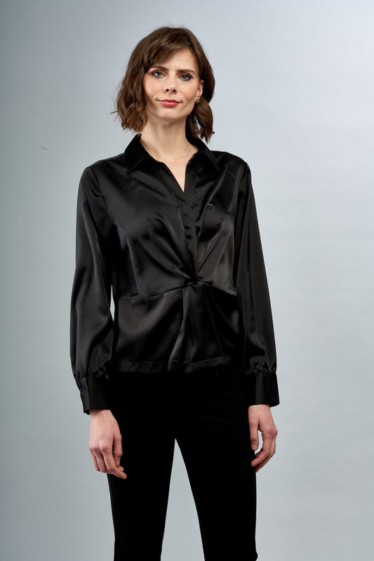 BCT7287B Satin Long Sleeve Blouse with French Knot in Black