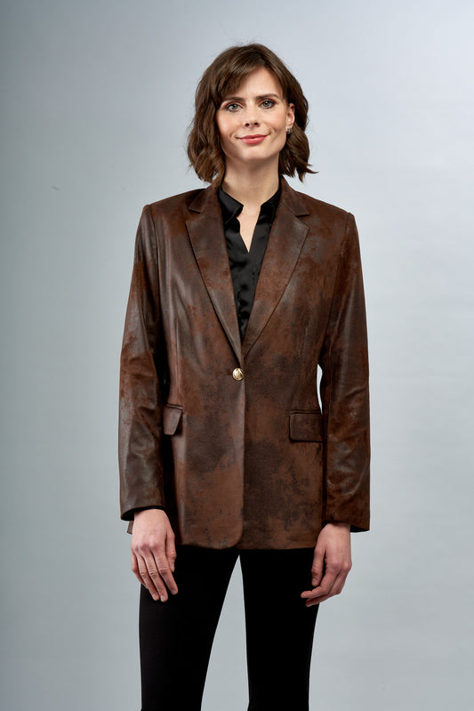 BCJ6701BPR Faux Vegan Leather Blazer in Western Brown