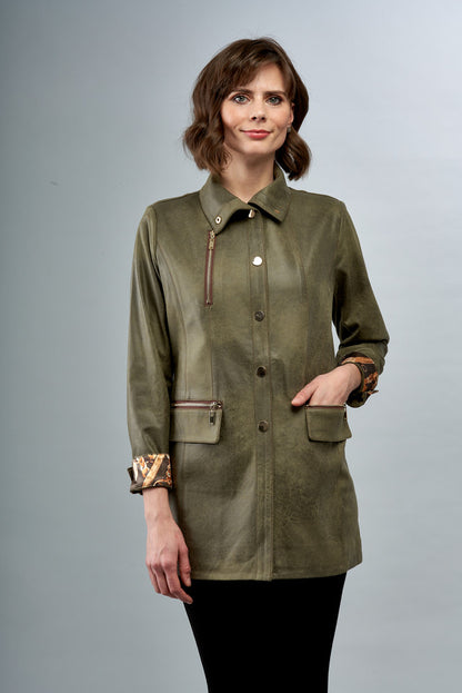 BCJ1826F Long Solid Vegan Jacket with Zip Pockets and Snap Closure