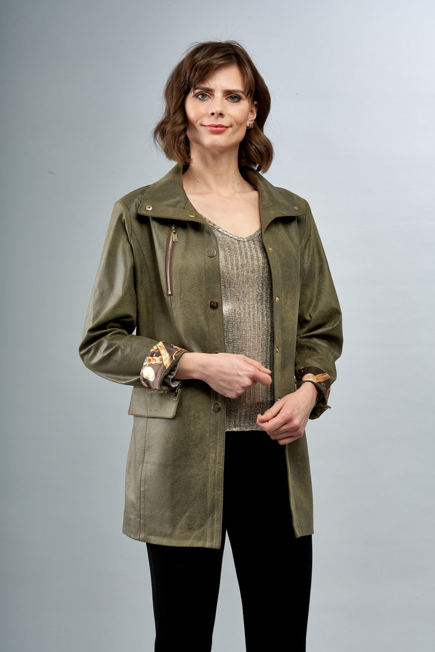 BCJ1826F Long Solid Vegan Jacket with Zip Pockets and Snap Closure