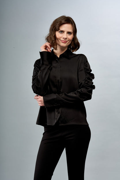 BCT2691B Satin Blouse with Gathering on the Sleeves in Black