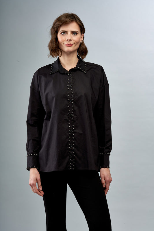 Black Pearl BCT6733 Flared Button Down Blouse with Black Pearl Trim