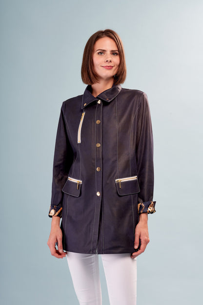 BCJ1826FA Long Vegan Leather Jacket with Zip Pockets.