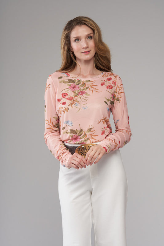 BCT5726A Ruched Sleeve Mesh Top