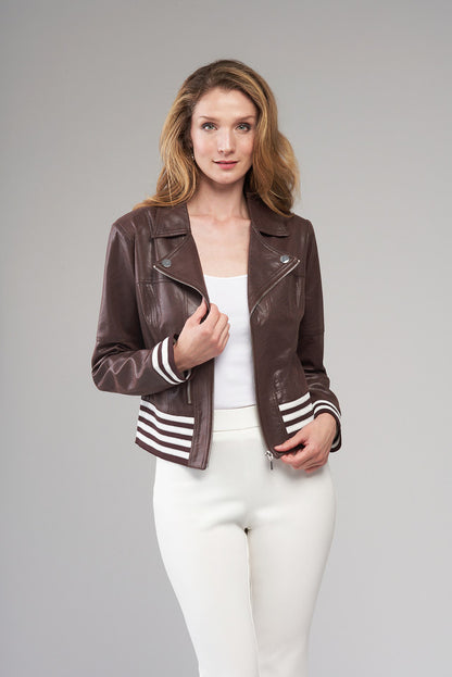 BCJ1809DB Solid Vegan Leather Zip Up Jacket with Knit Trim