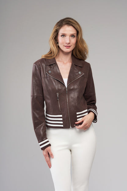 BCJ1809DB Solid Vegan Leather Zip Up Jacket with Knit Trim