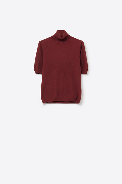 Burgundy Fine Knit Turtleneck Short Sleeve Sweater