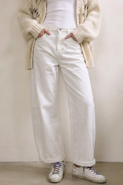 White Relaxed Fit Casual Wide-Leg Pants in Barrel Style