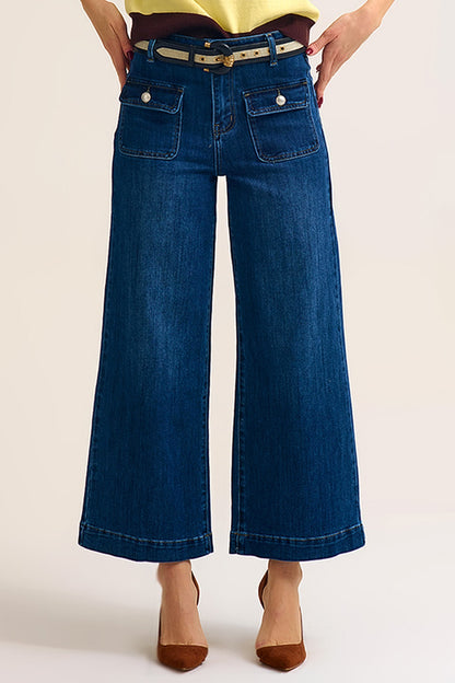 dark wash Blue Wide-Leg Denim Jeans with Button Detail