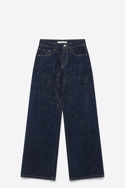 Dark Blue Wide Leg Jeans with glitter on the front