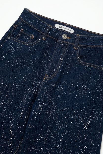 Dark Blue Wide Leg Jeans with glitter on the front
