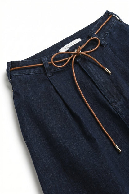 Wide-Leg Mid-Calf Denim Culottes with Tie Belt