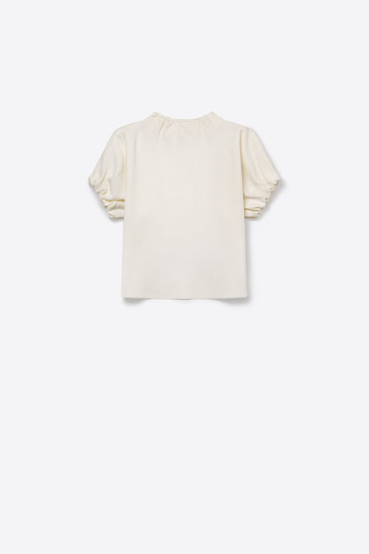 Cream Fine Knit Pleated Mock Neck Short Sleeve Sweater