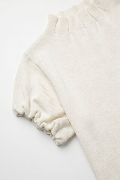 Cream Fine Knit Pleated Mock Neck Short Sleeve Sweater