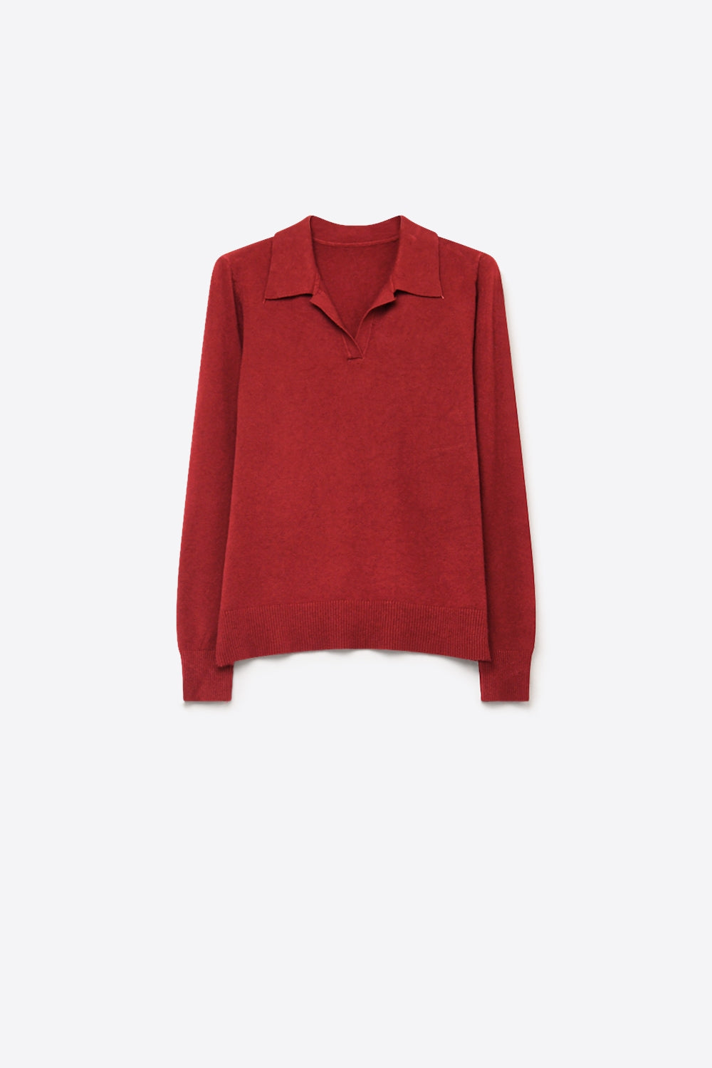 Burgundy Fine Knit Polo Collar Long Sleeve Regular Fit Sweater