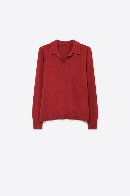 Burgundy Fine Knit Polo Collar Long Sleeve Regular Fit Sweater