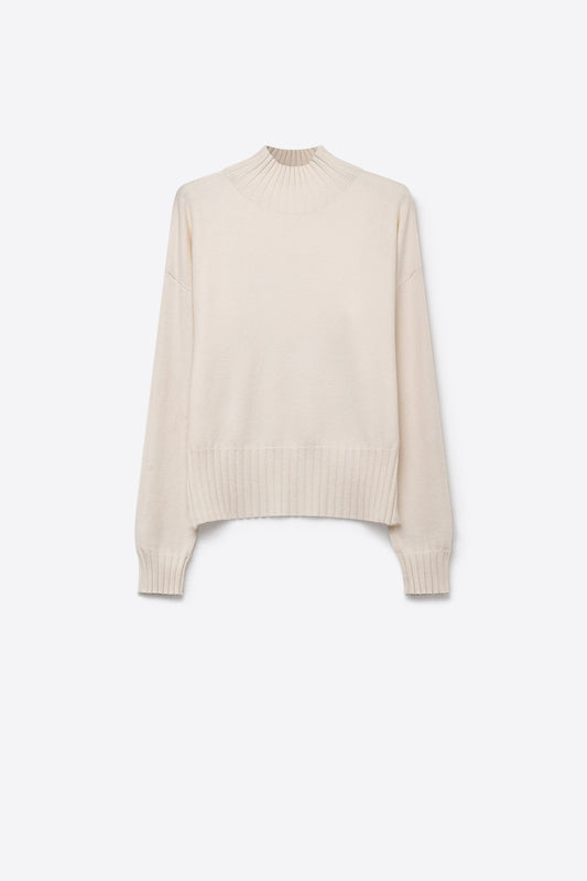 White soft Knit Ribbed Mock Neck Relaxed Fit Sweater