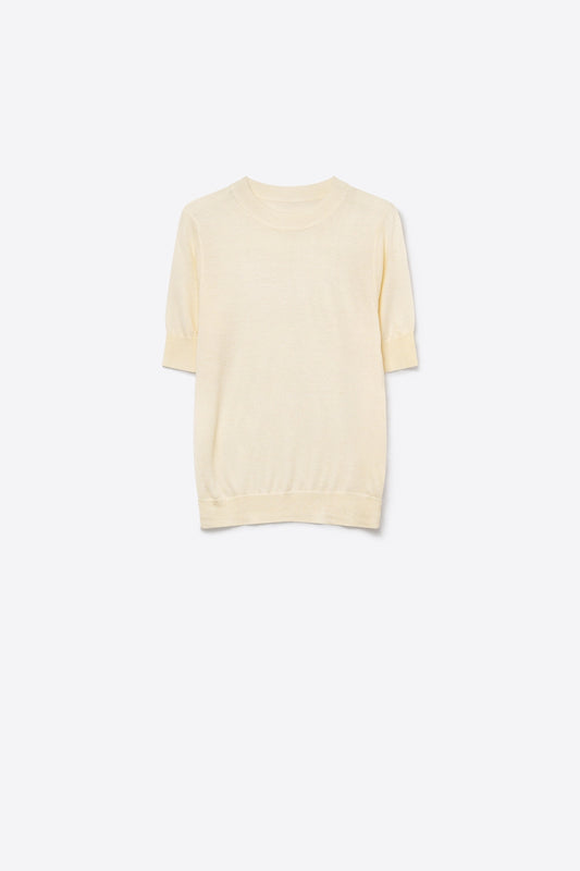 Cream Merino Wool Blend Fine Knit Ribbed Crew Neck Short Sleeve Sweater