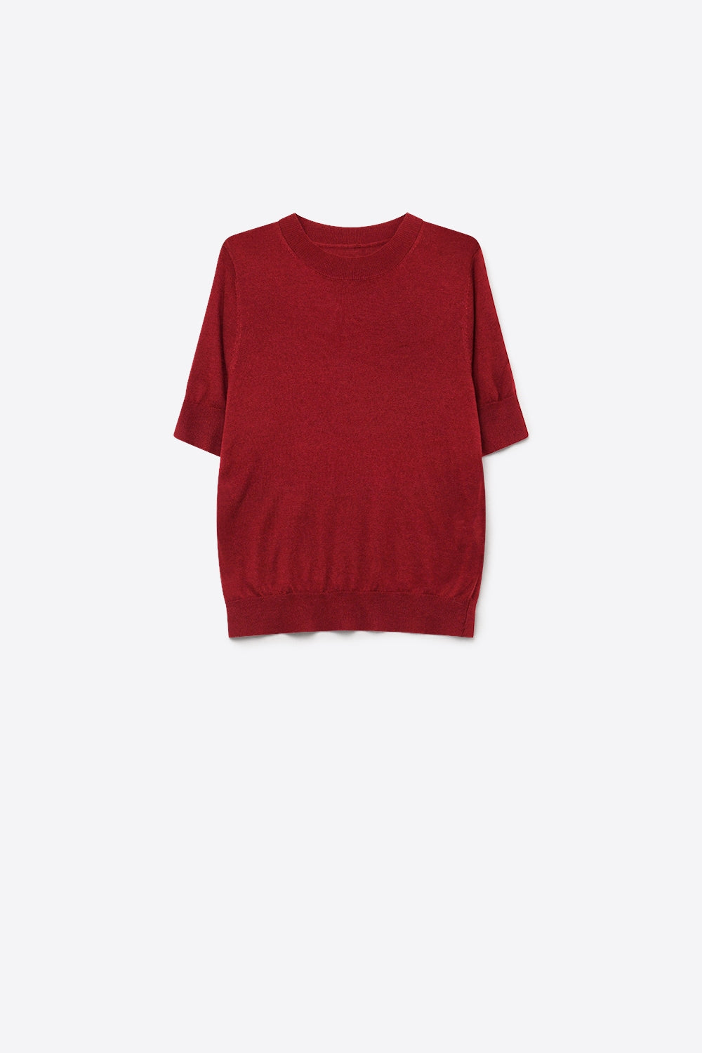 Wine Merino Wool Blend Fine Knit Ribbed Crew Neck Short Sleeves Sweater