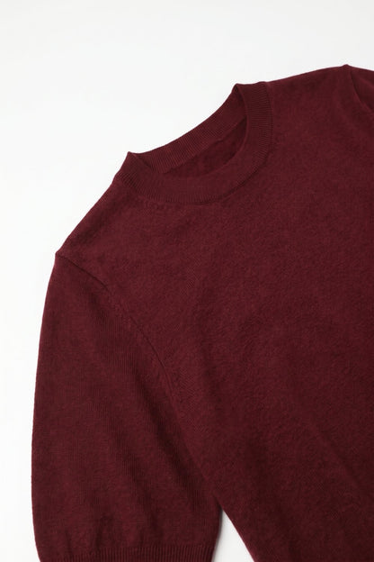Wine Merino Wool Blend Fine Knit Ribbed Crew Neck Short Sleeves Sweater