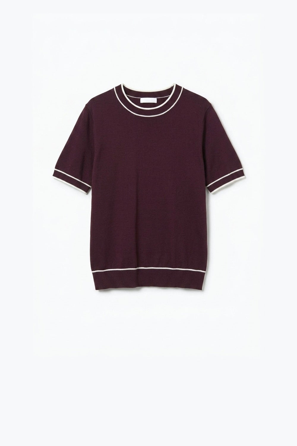 Burgundy Fine Knit Contrast Trim Crew Neck Short Sleeve sweater